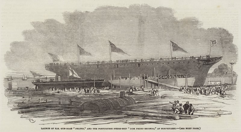 Lancement du canonnière HM Pelter et du navire à vapeur portugais Dom Pedro Secondo, à Northfleet - Edwin Weedon