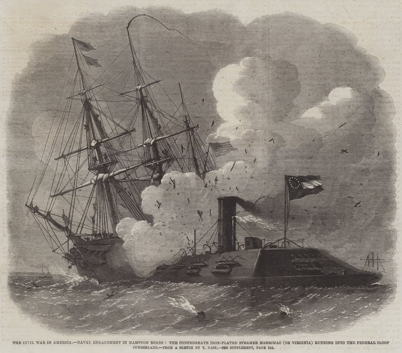 La guerre civile en Amérique, engagement naval à Hampton Roads, le vapeur cuirassé confédéré Merrimac (ou Virginia) percutant la goélette fédérale Cumberland - Edwin Weedon