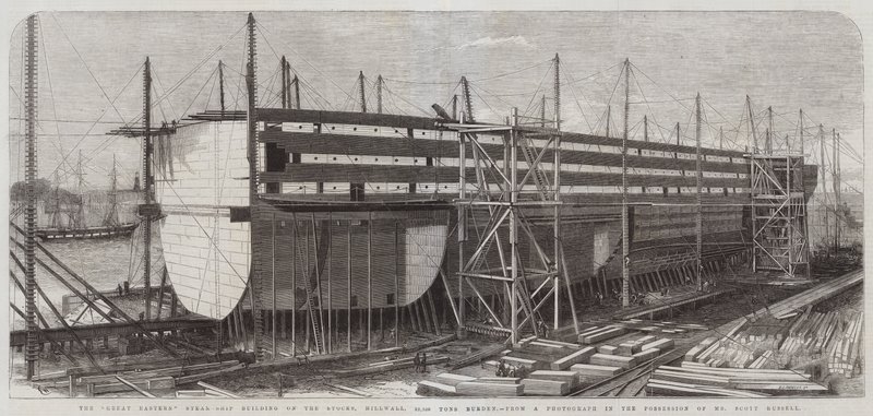 Le grand navire à vapeur Eastern en construction sur les stocks, Millwall, 22 500 tonnes de charge - Edwin Weedon