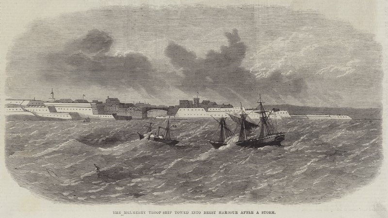 Le navire de troupe Melmerby remorqué dans le port de Brest après une tempête - Edwin Weedon