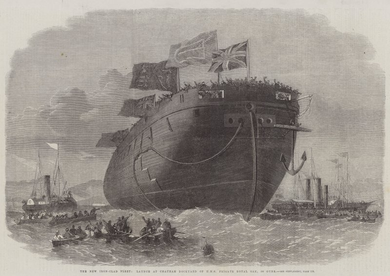 La nouvelle flotte blindée, lancement au chantier naval de Chatham du HMS Frigate Royal Oak, 50 canons - Edwin Weedon