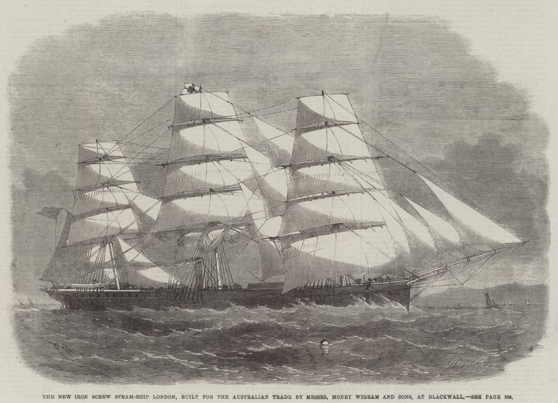 Le nouveau navire à vapeur à vis en fer Londres, construit pour le commerce australien par Messers Money Wigram and Sons, à Blackwall - Edwin Weedon