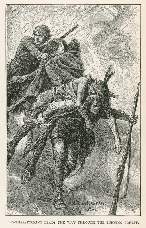 Leatherstocking ouvre la voie à travers la forêt en feu (gravure) - Elviro Michael Andriolli