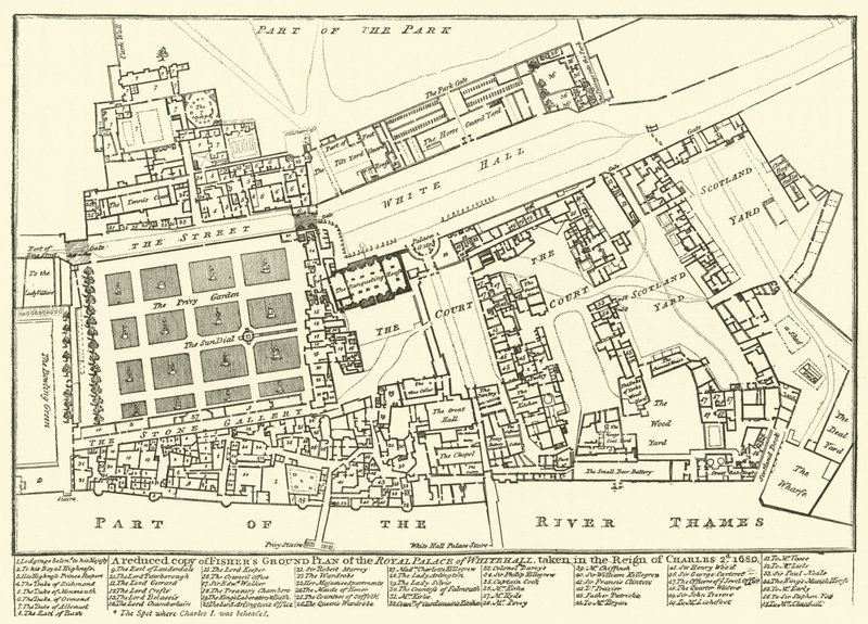 Copie réduite du plan au sol de Fisher du palais royal de Whitehall, pris sous le règne de Charles II, 1680 - English School
