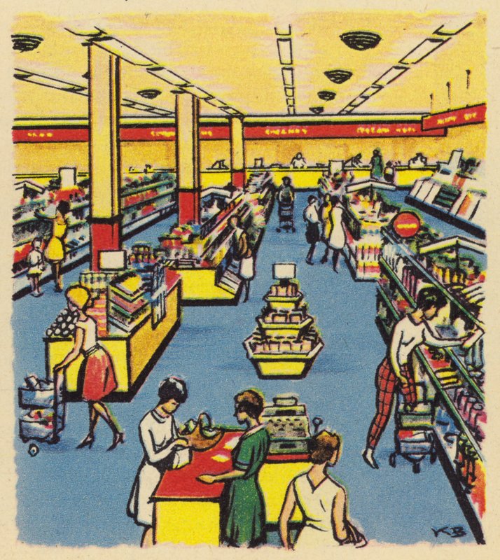 Un des premiers magasins en libre-service ou supermarché en Grande-Bretagne, vers 1950 - English School