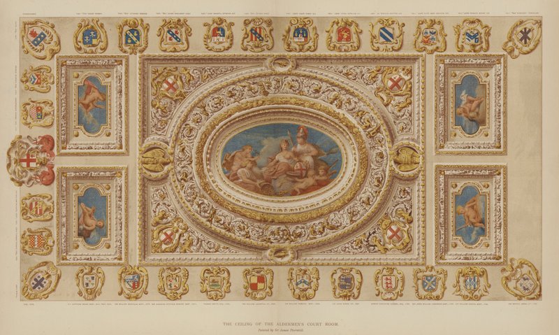 Plafond de la salle du tribunal des échevins, Guildhall, Londres, peint par Sir James Thornhill - English School