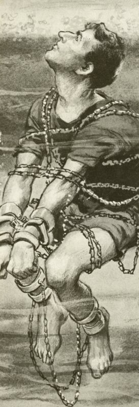 Harry Houdini, menotté et enchaîné, sous l