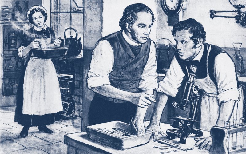 Joseph Lister montrant des microbes sur des instruments chirurgicaux non lavés - English School