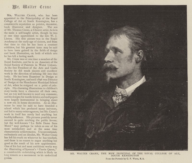 M. Walter Crane, le nouveau directeur du Royal College of Art, South Kensington - English School