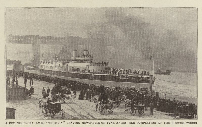 Un souvenir, HMS Victoria quittant Newcastle-on-Tyne après son achèvement aux chantiers Elswick - English Photographer