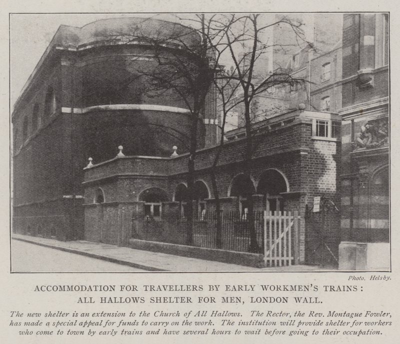 Hébergement pour les voyageurs par les premiers trains ouvriers, abri All Hallows pour hommes, London Wall - English Photographer