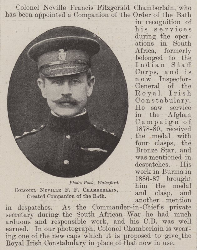 Colonel Neville F F Chamberlain, nommé compagnon de l