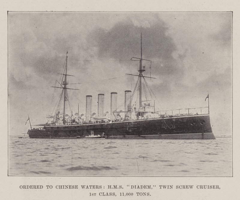 Ordonné vers les eaux chinoises, HMS Diadem, croiseur à double hélice, 1re classe, 11 000 tonnes - English Photographer