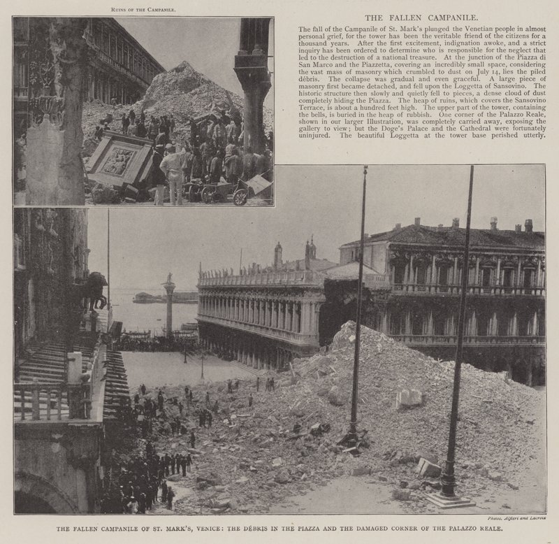 Le campanile effondré de Saint-Marc, Venise, les débris sur la Piazza et le coin endommagé du Palazzo Reale - English Photographer