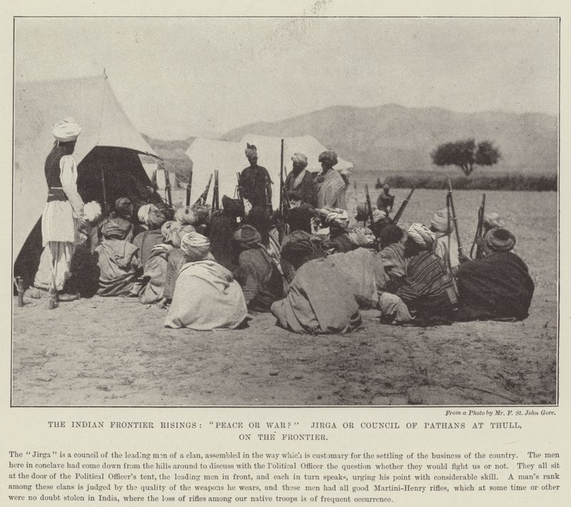 Les soulèvements à la frontière indienne, paix ou guerre ? Jirga ou conseil des Pathans à Thull, à la frontière - English Photographer