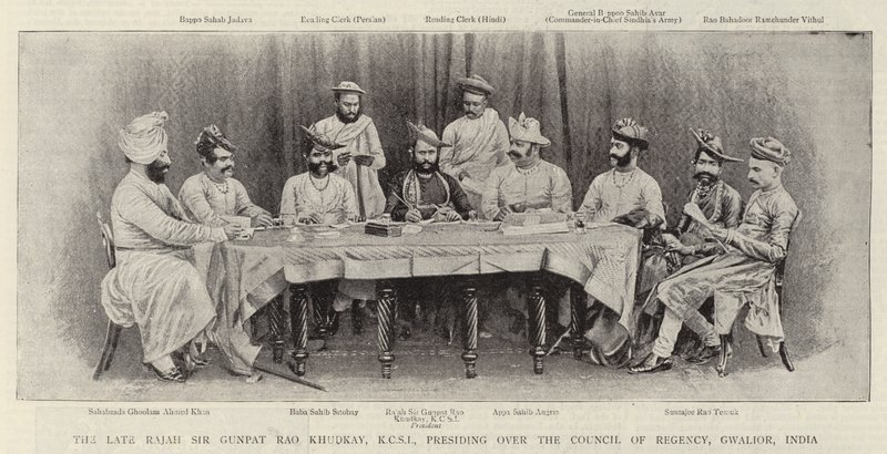 Feu Rajah Sir Gunpat Rao Khudkay, KCSI, présidant le Conseil de Régence, Gwalior, Inde - English Photographer