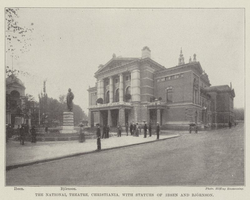 Le Théâtre National, Christiania, avec les statues d