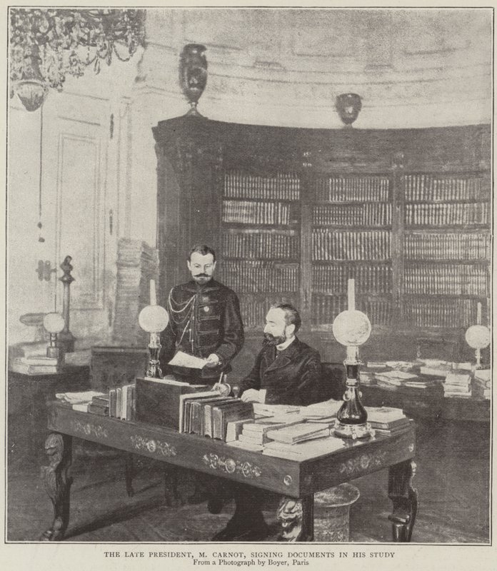 Le défunt président, M. Carnot, signant des documents dans son bureau - English Photographer