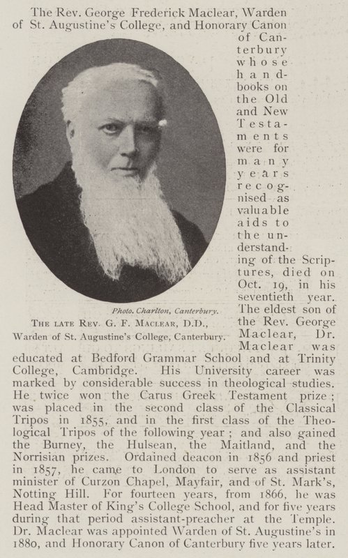 Le révérend G F Maclear, DD, directeur du St Augustine