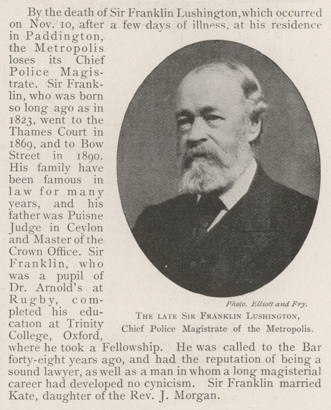 Feu Sir Franklin Lushington, magistrat en chef de la police de la métropole - English Photographer
