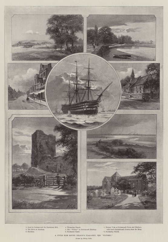 Balade à vélo autour du navire amiral de Nelson, le "Victory" (lithographie) - English School