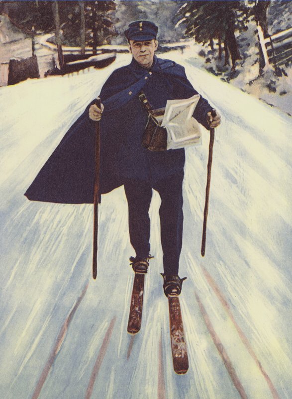 Un facteur allemand sur des skis (lithographie en couleur) - English School