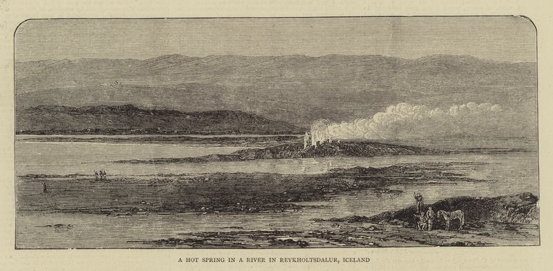 Une source chaude dans une rivière à Reykholtsdalur, Islande (gravure) - English School