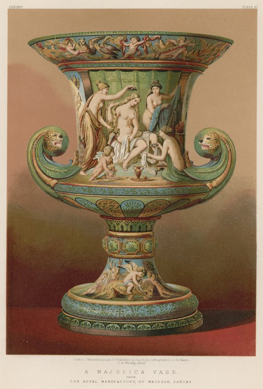Vase en majolique de la Manufacture royale de Meissen, Saxe (chromolitho) - English School