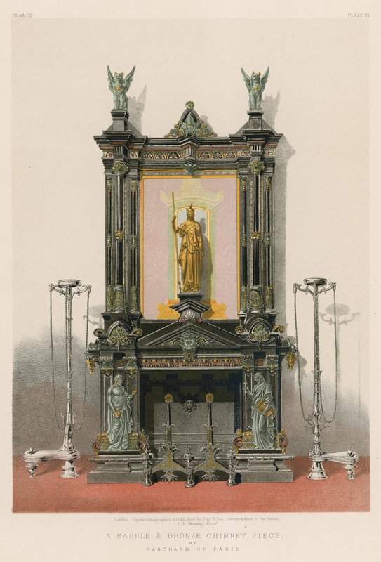 Cheminée en marbre et bronze de Marchand de Paris (chromolitho) - English School