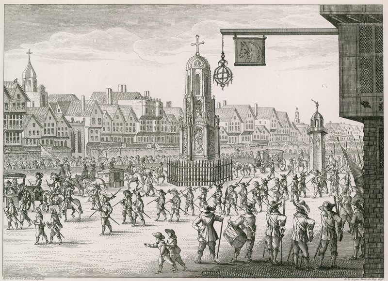 Vue nord-est de Cheapside avec la croix et le conduit - English School