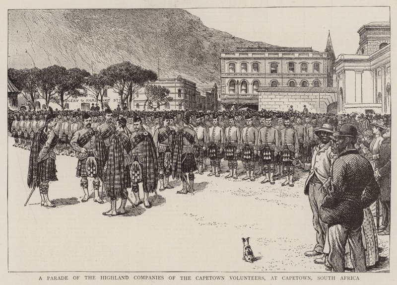 Une parade des compagnies des Highlands des volontaires du Cap, au Cap, Afrique du Sud - English School