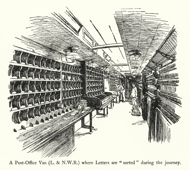 Un fourgon postal, L et NWR, où les lettres sont "triées" pendant le voyage (lithographie) - English School