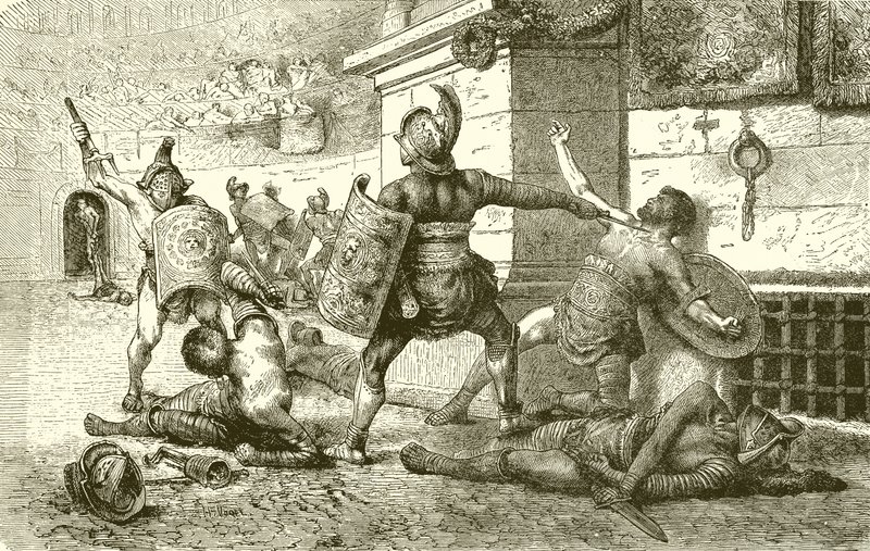 Une fête romaine. Combat de gladiateurs. Le vaincu appelant les spectateurs - English School