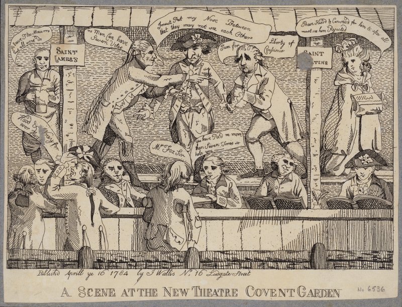 Une scène au Nouveau Théâtre, Covent Garden : satire représentant une tribune politique à Covent Garden, Londres - English School