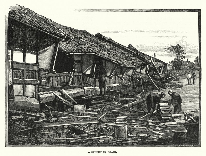 Une rue à Ogaki (gravure) - English School