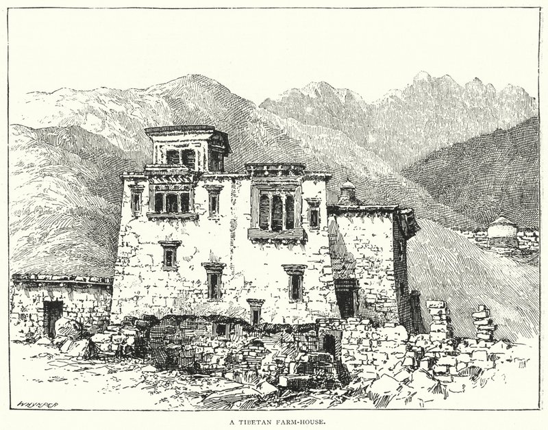 Une ferme tibétaine (gravure) - English School