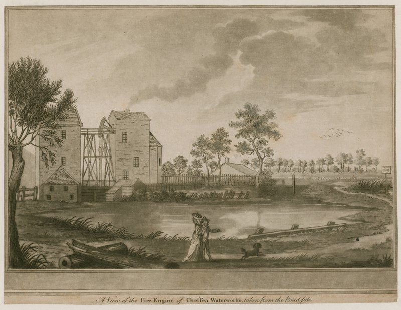 Vue de la pompe à incendie des Chelsea Waterworks, prise depuis le bord de la route - English School