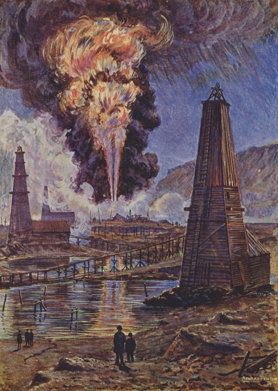 Puits de pétrole en feu (lithographie couleur) - English School