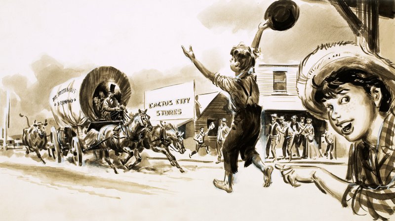 Un chariot couvert entre dans une ville du Far West - English School