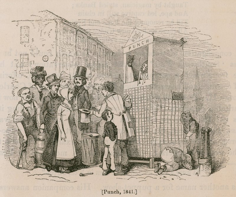 Une foule se rassemble pour regarder un spectacle de Punch et Judy - English School