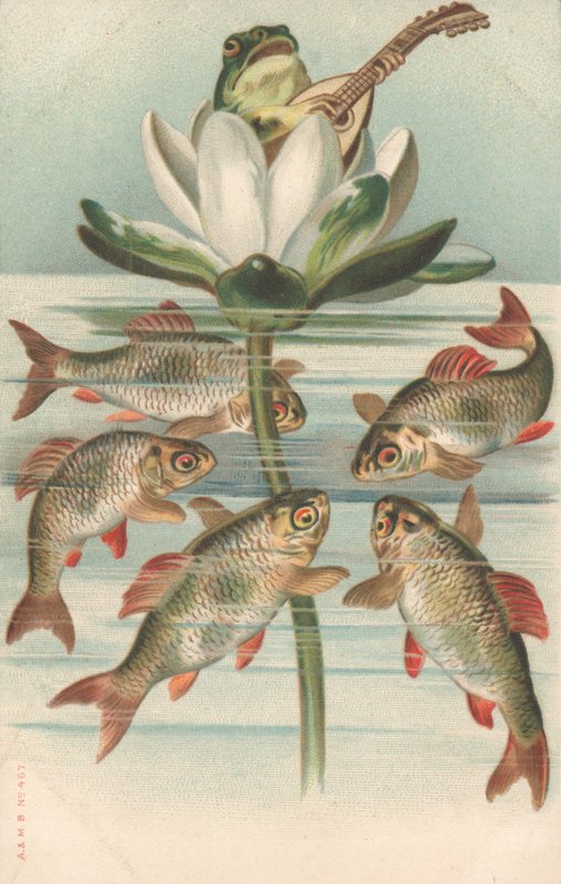 Une grenouille jouant du luth sur un nénuphar - English School