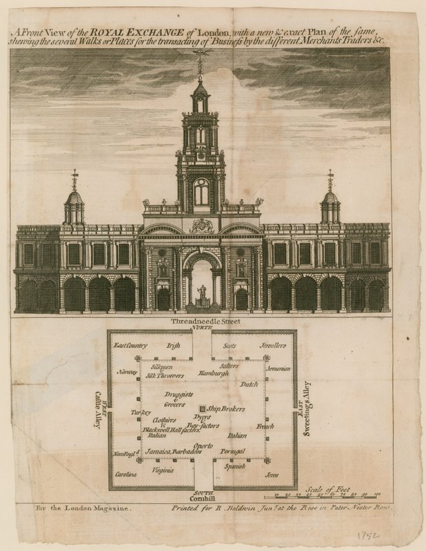 Vue de face du Royal Exchange de Londres avec un plan nouveau et exact de celui-ci - English School