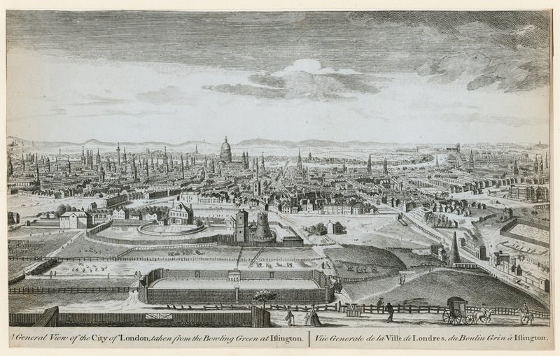 Vue générale de Londres prise du bowling green à Islington - English School