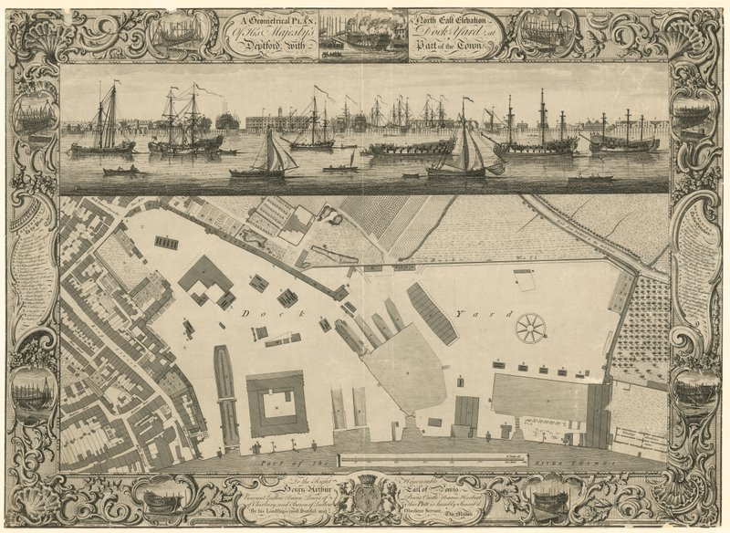 Plan géométrique et élévation nord-est du chantier naval de Sa Majesté à Deptford avec une partie de la ville - English School