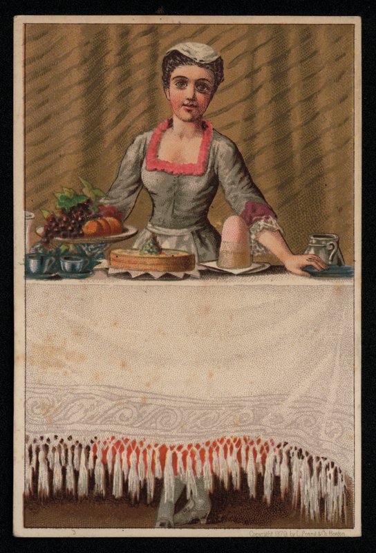 Une servante dressant une table avec de la nourriture, carte de vœux - English School