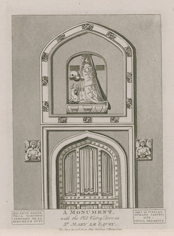 Un monument avec la vieille porte de la sacristie à St Mary le Savoy - English School