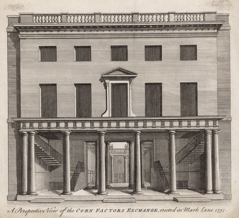 Vue en perspective de la Bourse des facteurs de grains, érigée à Mark Lane en 1751 - English School