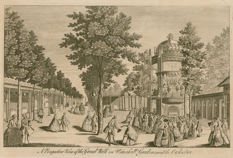 Vue en perspective de la Grande Promenade dans les jardins de Vauxhall, Londres, et l