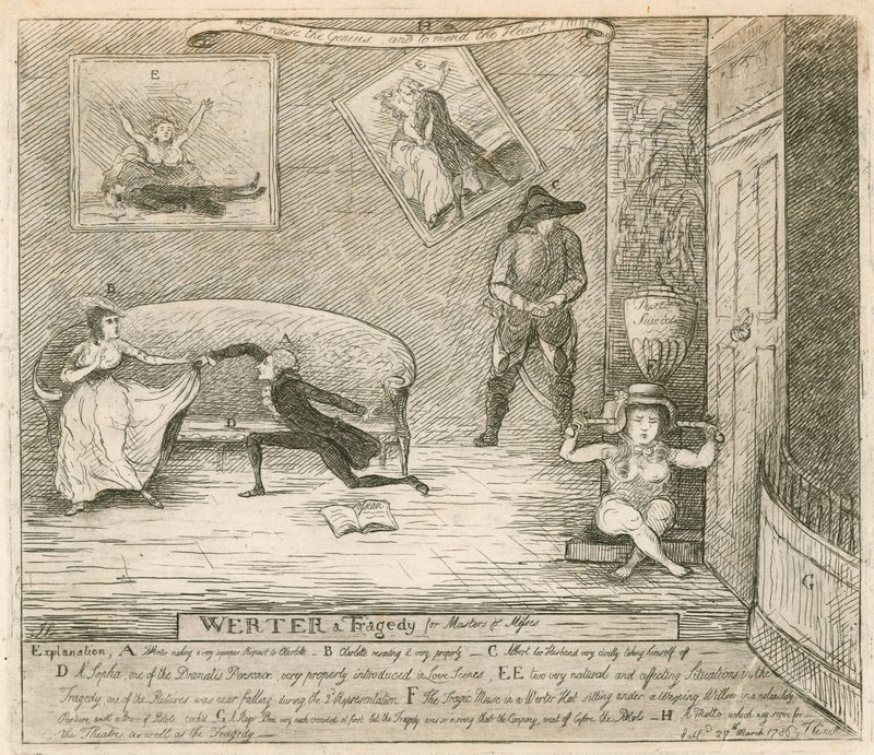 Une scène de la parodie de F. Reynolds Werter, jouée pour la première fois au Théâtre de Covent Garden, Londres, le 14 mars 1786 - English School