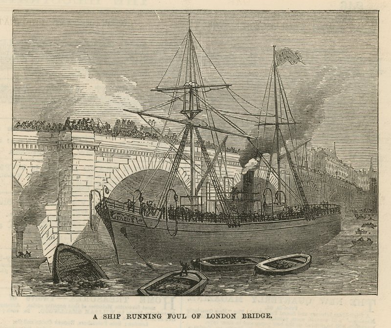 Un navire heurtant le pont de Londres - English School